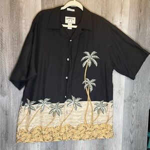 Bamboo Cay Mens L Hawaiian Shirt Black Palm Tree Resort Camp Rayon Button Up